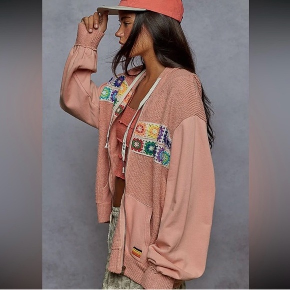 POL Tops - POL NWT Boho Granny Square Crochet Oversized Zip Hoodie L Vintage Wash Peach